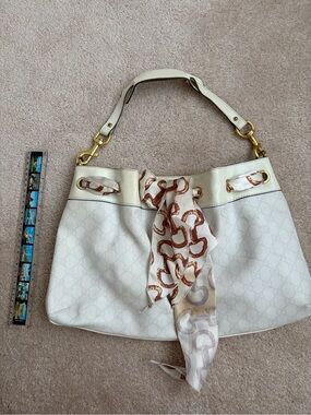 Designer-Inspired White Shoulder Bag with Scarf Accent